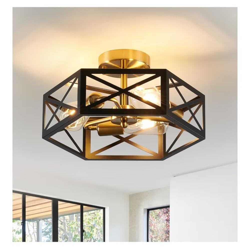 XSDeTu 3-Light Flush Mount Ceiling Light Black Gold Hexagon Cage